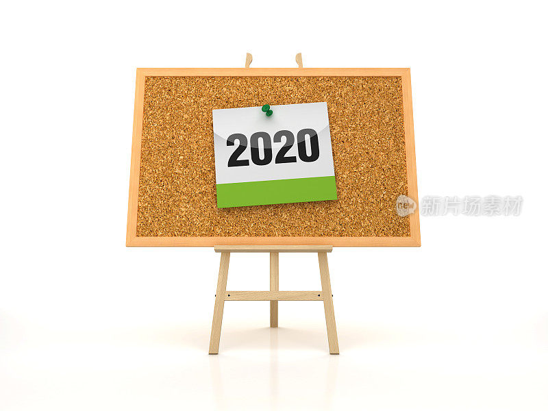 画架与2020年日历在软木板框架- 3D渲染